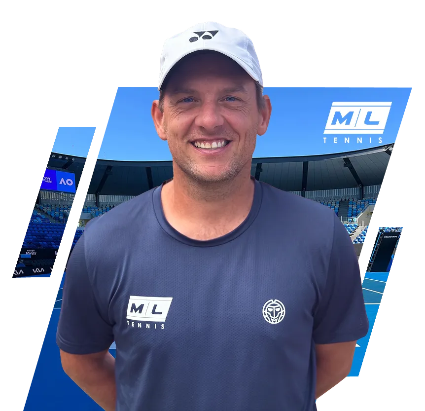 Smiling tennis coach wearing blue ML Tennis shirt and white cap