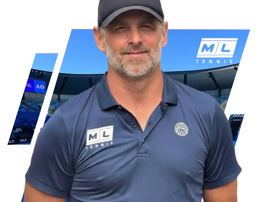 Man in ML Tennis polo shirt and cap standing in front of tennis stadium