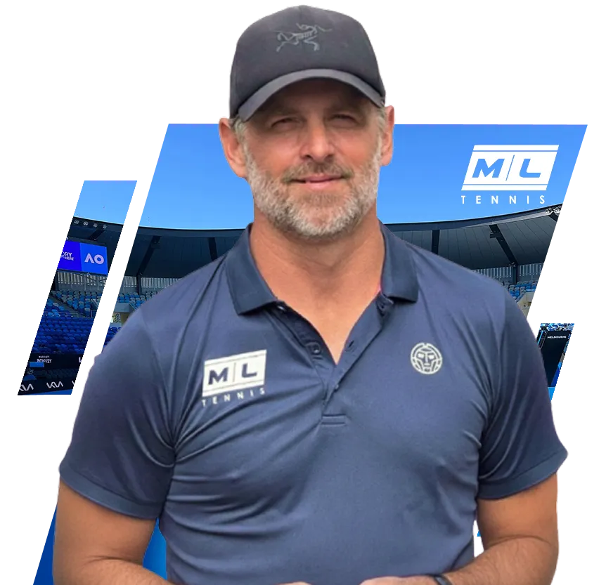 Man in ML Tennis polo shirt and cap standing in front of tennis stadium